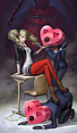 General 1500x2607 Wenfei Ye drawing women blonde twintails legs crossed boots red heart (design) suits blue eyes