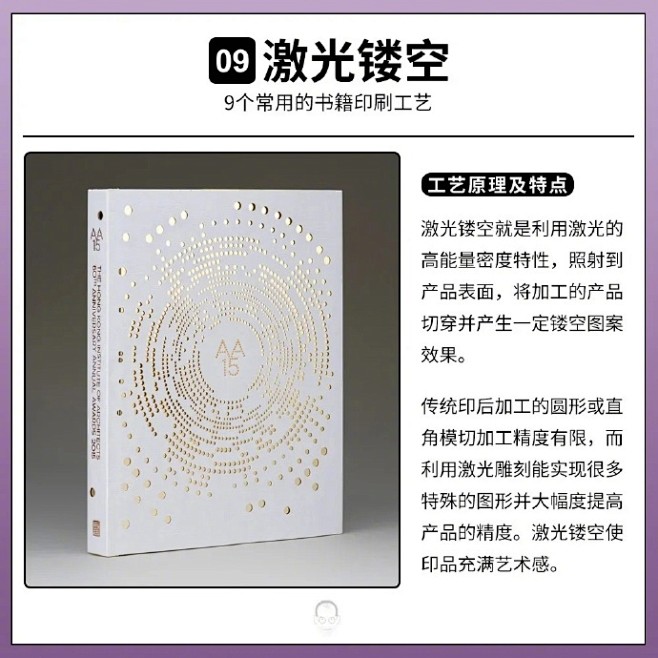 整理了9个常用的书籍印刷工艺，分别有：烫金工艺、镭射烫印、覆膜工艺、模切工艺、局部UV、压凹工艺、击凸工艺、刷边工艺、激光镂空。