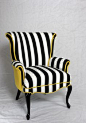 Black and white stripe chair with yellow velvet. Vintage wing back chair mid century modern chair. Element 20 designs