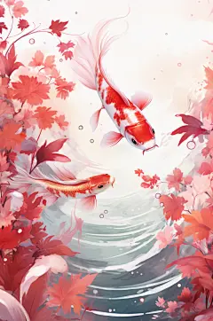 AI数字艺术中国风国潮红色锦鲤插画