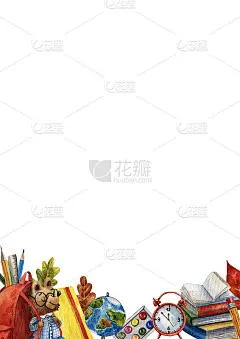 学校的水彩插图。小学的空白。手绘卡通人物。微笑的泰迪熊瞳孔。小灵通的学生。文本的白色框架。小学插图。