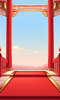 Red corridor with a golden archway inside chinese temple space chinese temple stage background royalty free vector illustration, in the style of 8k resolution, romantic landscape vistas, light red and sky-blue, high-angle, vibrant stage backdrops, outdoor