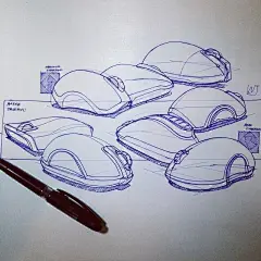 鼠标设计手绘。初学者练习完方体后可以多画一些鼠标。鼠标的形态曲面为主。有单一和多维曲面。对锻炼形态很有帮助。结构线别忘记画了。参考下面这些素材，可以简单上马克笔。#手绘教学# ​​​​