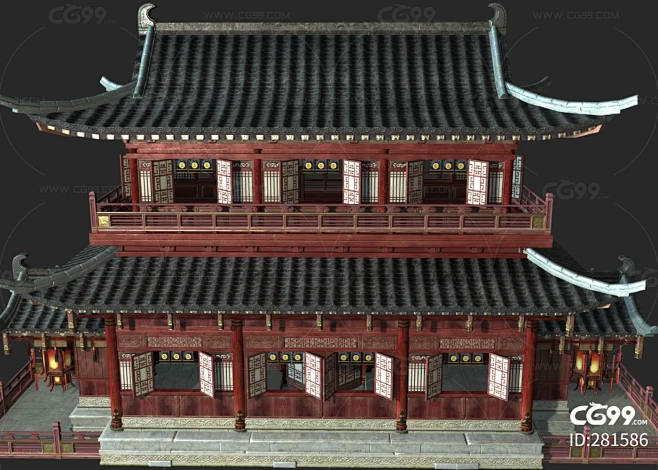 PBR 古代城市建筑 古建 房屋 临街店铺商铺 场景 古代楼宇 城市商业建筑 酒楼客栈-cg模型免费下载-CG99-花瓣网