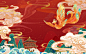 国潮背景红色凤凰祥云古建筑新年春节吉祥山水风景中国风手绘插画国潮人物插画