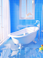 blue bathtub and duck in bathroom isolated on white, in the style of fanciful, dreamlike imagery, daz3d, soggy, infrared, wimmelbilder, wallpaper, comfycore