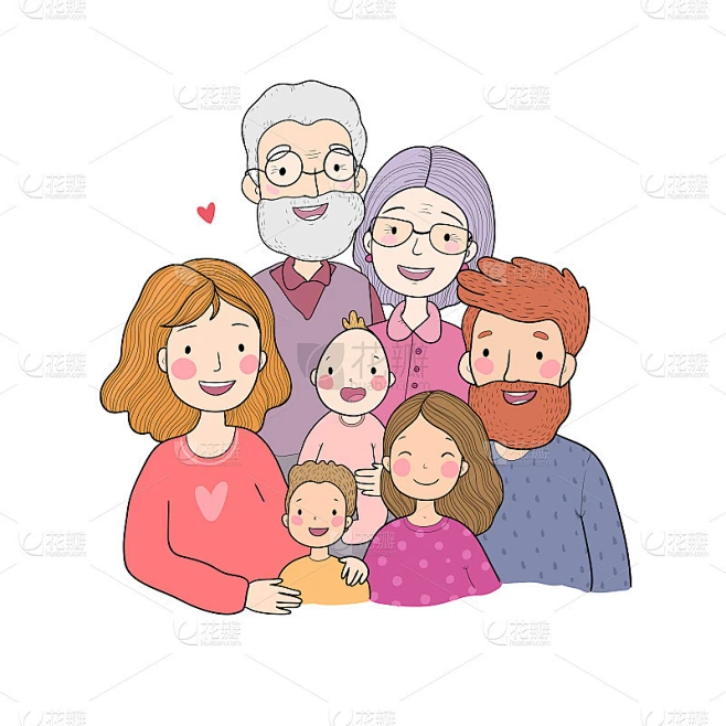 一个幸福的家庭。父母和孩子们。可爱的卡通爸爸，妈妈，女儿，儿子和宝宝。祖母和祖父。有趣的宠物猫和狗素材-花瓣网