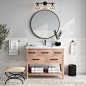 Example of a transitional single-sink bathroom design with flat-panel cabinets, light wood cabinets, gray walls, an undermount sink, quartz countertops, white countertops and a freestanding vanity
