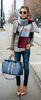 Hello Fashion - Multi Color Blanket Scarf with Grey Jacket and Stripe Turtleneck And Nude Patent Heels.