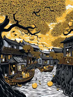 双色木刻版画：柠檬树下