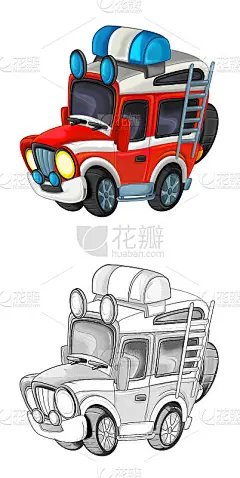 卡通素描场景与越野消防队员车-插图