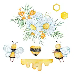 Vector watercolor set bees honeycombs and bouquets of chamomile