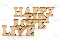 木质字母排列在白色的励志短信生活爱有趣快乐的词抽象照片