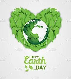 地球日快乐。生态学的概念。设计时将树叶置于白色背景的地球图上。向量。