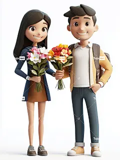 3D人物，学生向老师献花，微笑，白色背景，C4 D渲染器海报