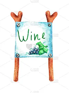 招牌。葡萄酒。串葡萄。水彩