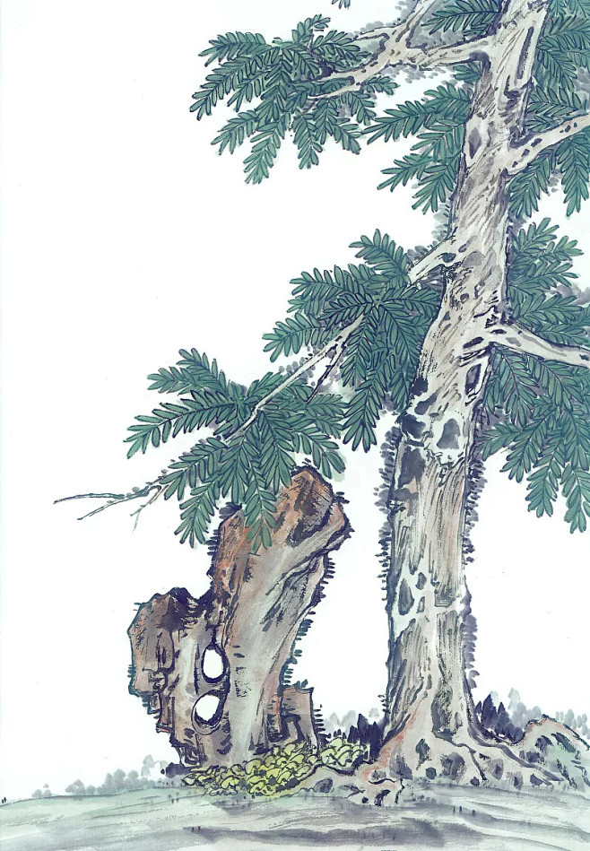 水墨画—褐色石头边茂盛的树 粗壮的树干,...