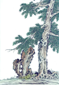 水墨画—褐色石头边茂盛的树 粗壮的树干,假山,绿叶,茂盛的树,书画,水墨画,艺术,中国画,绿叶大绿叶_2634497630