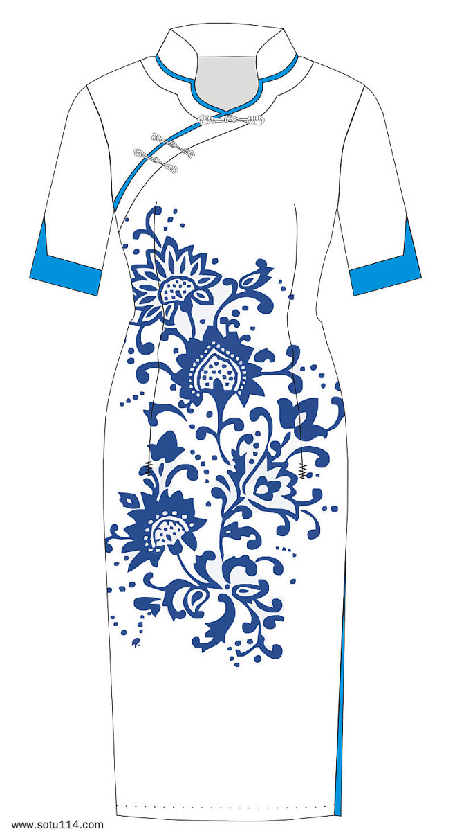 蓝白相间带有花纹的斜襟旗袍