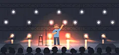 图源免费EPS文件 |男性喜剧演员在明亮舞台上拿着麦克风为观众表演。单口喜剧秀的平面矢量插画