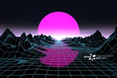 未来数字渲染在网络景观与大低太阳。Synthwave风格图片素材
