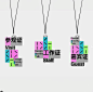 This may contain: three tags with different designs on them hanging from strings that say, visit, design talk, and guest