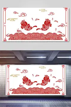 红白剪纸清新手绘国潮复古仙鹤背景