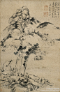 #清初四僧#【 清 八大山人 《古木幽亭》 】立轴，水墨纸本，75×48cm。 款识：“山深此河水，名之曰曲阿，疏朴成耴者，待得晚霞多。八大山人书并识。”
