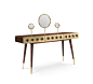 MONOCLES | DRESSING TABLE : A striking addition to your glamorous boudoir, Monocles dressing table has a mid-century feel and is constructed of solid walnut wood and offers three front drawers produced in gold plated brass. This retro table is supported b