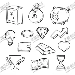 金融手绘图标 【酷图网】金融手绘图标,金融,手绘,卡通,保险箱,钱袋子,美元,金条,钱包,金币,心形,箭头,钻石,储蓄罐,小猪,奖杯,沙漏,灯泡,钱袋