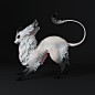 This may contain: a statue of a white dog with curly hair on it's head and tail