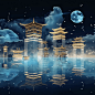 唯美古风插画夜晚月亮古代建筑水面倒影桌面壁纸写实古风背景