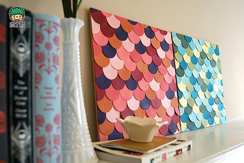 卡纸彩绘心型花环及彩色卡纸手工创意装饰画图片教程╭肉丁网