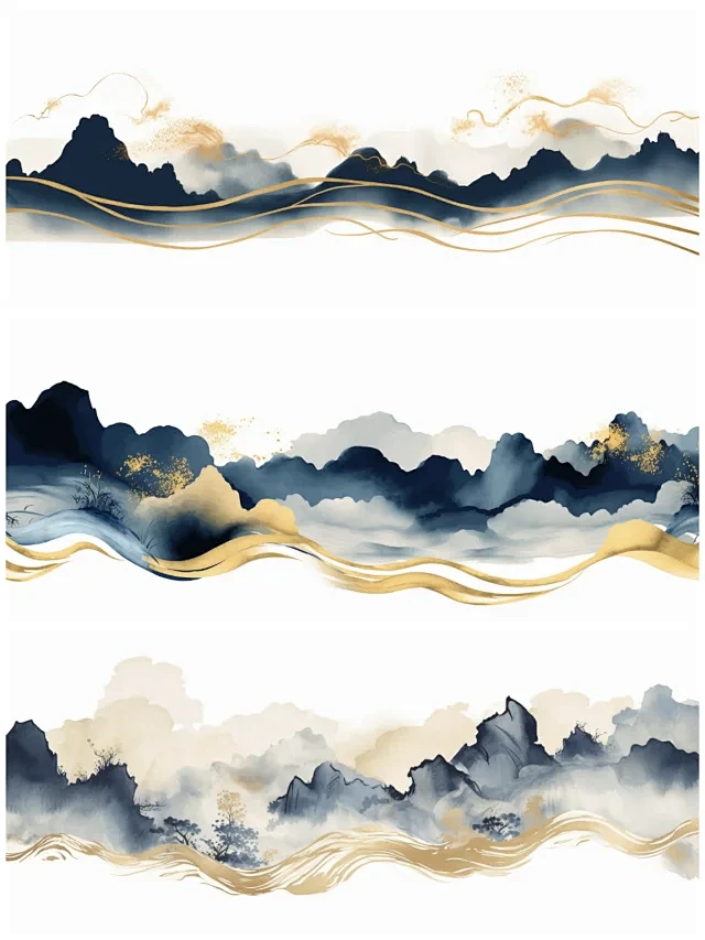 新中式极简山峦意象水墨画-鎏金墨蓝