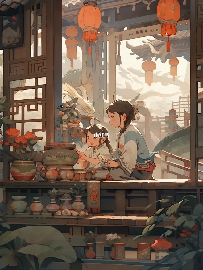 Ai古风插画|一组可爱的国风小女孩-花瓣网