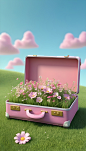A-open-empty-pink-suitcase-on-the-wide-grass-surrounded-by-flowers--in-front-view--the-suitcase-is-empty-inside--with-sky-blue-background--in-the-cartoon-style--rendered-in-C4D--as-a-3D-scene-displayi (5)