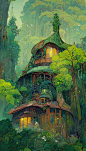 森林里像披了一层绿衣，包裹着一个古老的城堡，里面住在一起可爱的精灵。明亮温暖的灯光和天空中翱翔的鸟儿～[微风] 该作品由AI绘制生成 。
