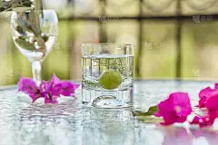一杯夏日清凉鸡尾酒，配上天然壁纸。玻璃与橄榄树枝和美丽的粉红色夏季花