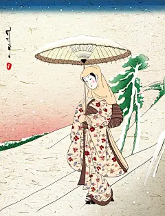 仕女撑伞日本浮世绘插画