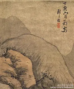 #金陵八家#【 清 邹喆 《松林僧话图》 】轴，纸本设色，80×43.2cm，上海博物馆藏。作品描绘远离尘埃的僧人、高士在松林茅屋对话的情景。整幅布景奇兀，突出松林和茅屋，并极力渲染静谧清旷的气氛。山石轮廓粗犷，皴法随意，不拘一格。松树姿态奇特，别具苍劲质朴之趣。敷色清淡而沉着，山川凝重雄浑。
