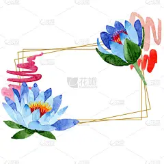 美丽的蓝色莲花在白色上被孤立。水彩背景插图。水彩画。框架边框装饰。水晶钻石首饰矿物.
