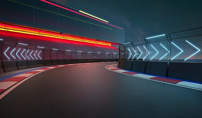 夜景现代国际赛车场带栏杆和霓虹灯箭标志3...