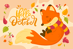 手绘扁平风秋天秋季枫叶森林风景