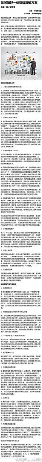 【如何做好一份微信营销方案】前期必须重视的工作：❶了解企业做微信营销的目的；❷分析同行或相关帐号；❸运营微信帐号1-2个月；❹分析数据和客户；❺分配人员任务；❻开始撰写方案。微信营销方案内容格式：1.竞争对手分析；2.微信给(企业名称缩写)带来什么价值；3.活动情况；4.客户最关心什么...转