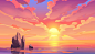 Sunset or sunrise in ocean, nature landscape. Free Vector