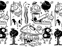 Moster Tattoo Flash！布莱克史蒂文森虫子卡通人物设计可爱设计眼睛搞笑插图喷气背包和溜冰鞋标志吉祥物怪物复古纹身牙齿用户界面