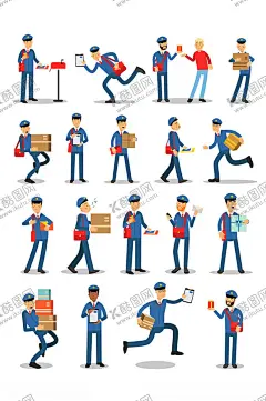 快递员邮政员矢量卡通人物 【酷图网】快递员,邮政员,卡通插画,卡通人物插画,扁平风人物,人物插画,矢量人物,矢量元素,元素设计