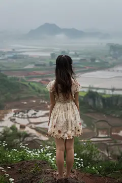 户外郊游俏皮女孩背影