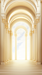 beautiful golden architecture building room interior illustration, in the style of arched doorways, opaque resin panels, 32k uhd, light yellow and light white, combining natural and man-made elements, art deco designer, rim light