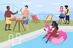图源免费EPS文件 |Swimming pool party flat color vector illustration. Summer party in backyard. Friends and family meeting outdoor. Summer gathering. Resting teens 2D cartoon faceless characters with pool on background